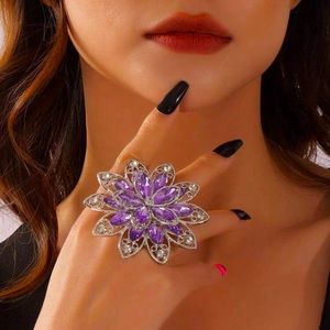 Large Purple and Silver Flower Decor Ring